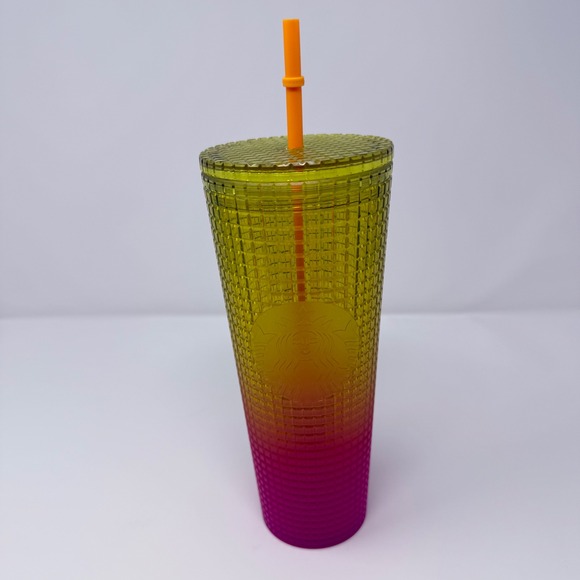 Starbucks 24oz Tumbler Grid Gradient Yellow Pink Ombre Cold Cup with Straw Venti - Picture 1 of 4